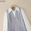 ZANZEA Women Casual Turn Down Collar Long Sleeve Elegant Stripe Dress