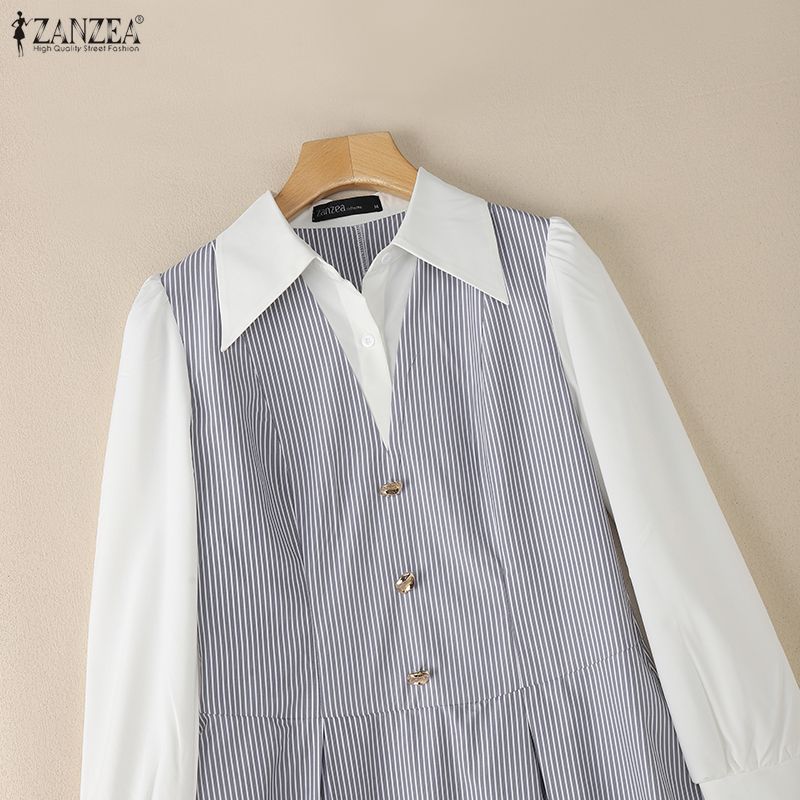 ZANZEA Women Casual Turn Down Collar Long Sleeve Elegant Stripe Dress