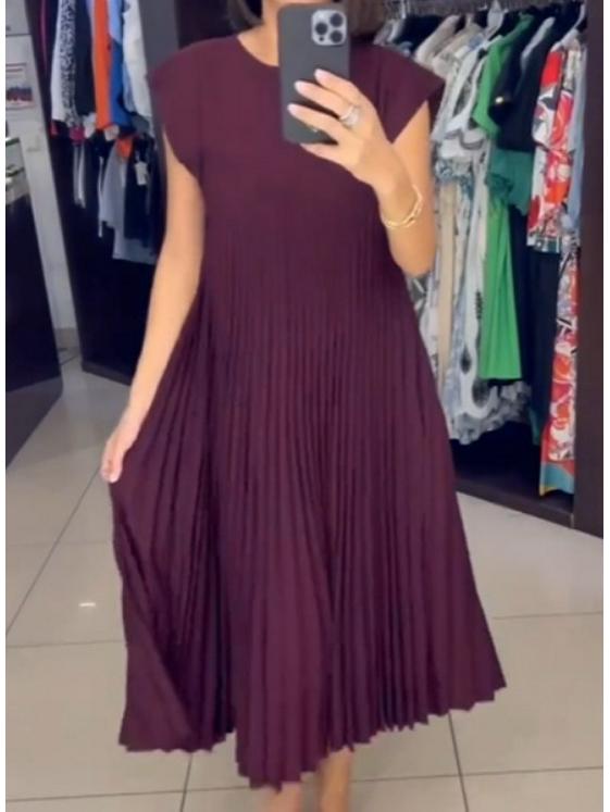 2023 Podzim/Zima Evropská a Americká Móda Kulatý Výstřih Bez Rukávů Plisované Šaty pro Ženy