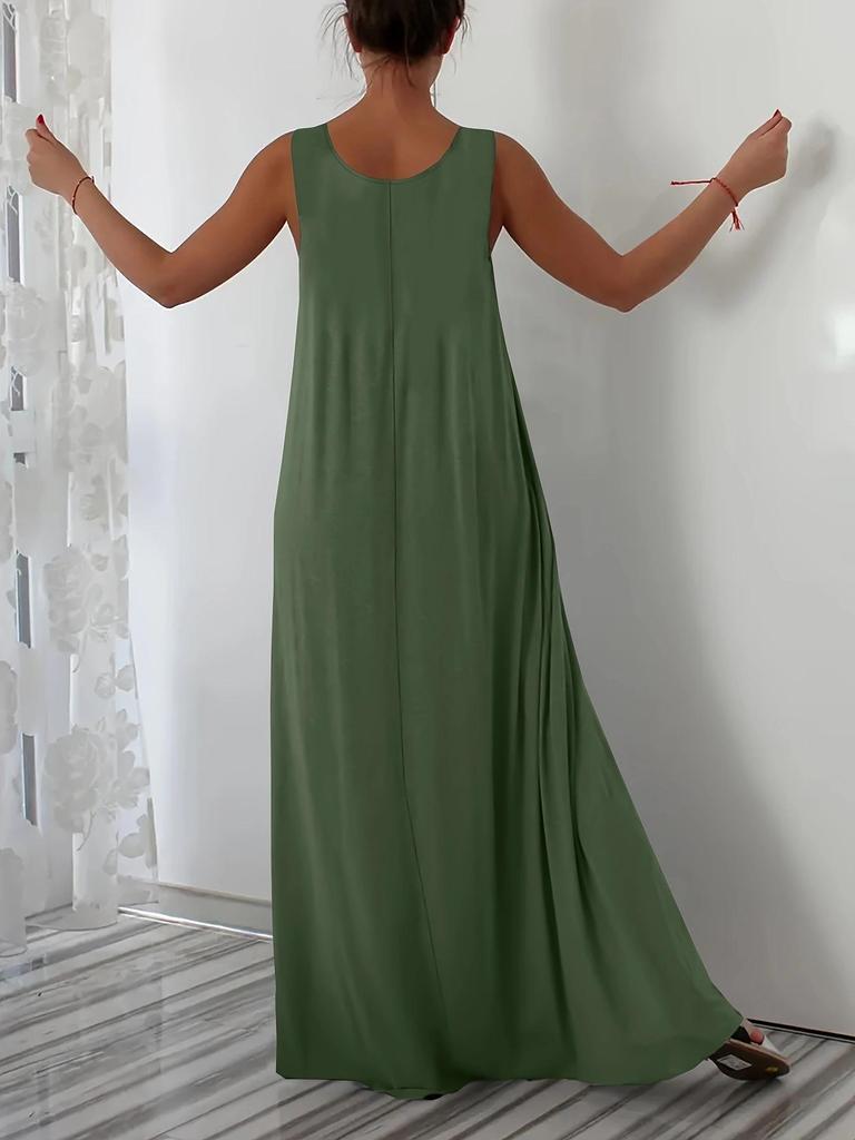 Plus Size Summer Solid Color Dress with Side Pockets (European and American Style)