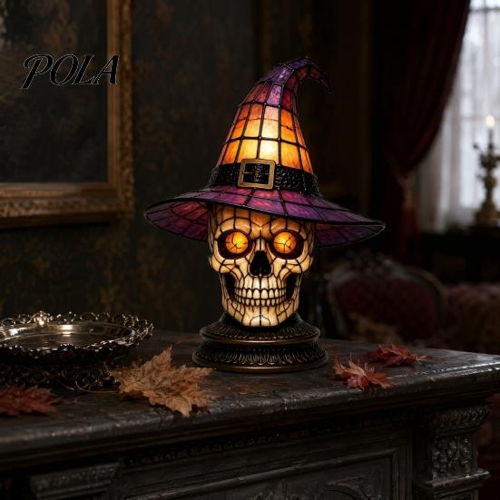 Decorative Bedside Lamp Stained Glass Witch Hat Lamp, Halloween Black Cat Ghost Raven Night Atmosphere Light for Movies Light, Gothic Retro