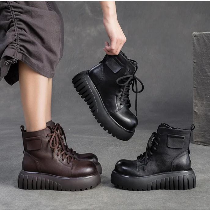 Johnature Thick Sole Women's Short Boots With Genuine Leather Retro Side Zipper Versatile Women's Shoes