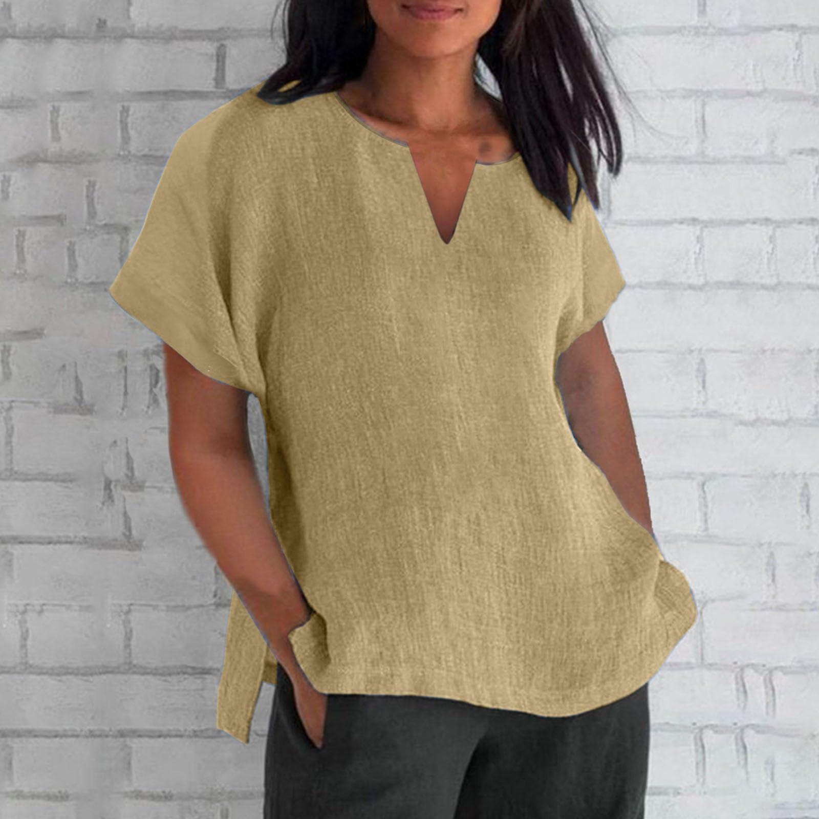 

Женская мода с коротким рукавом и v-образным вырезом, однотонная свободная повседневная рубашка, хлопковая блузка XL бежевый