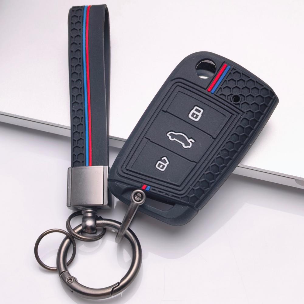 Silicone Car Key Fob Cover with Keychain Fit for Volkswagen VW Golf 7 MK7 Tiguan MK2 Touran L for Skoda, Fits Volkswagen Golf Tiguan Octavia A7
