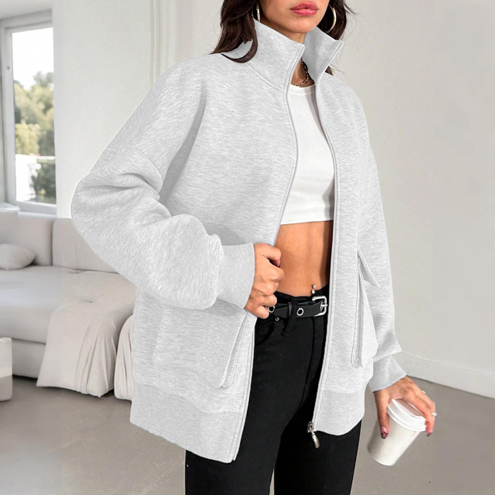 

Женская мода однотонная водолазка бейсбольная форма длинный рукав куртка на молнии S белый