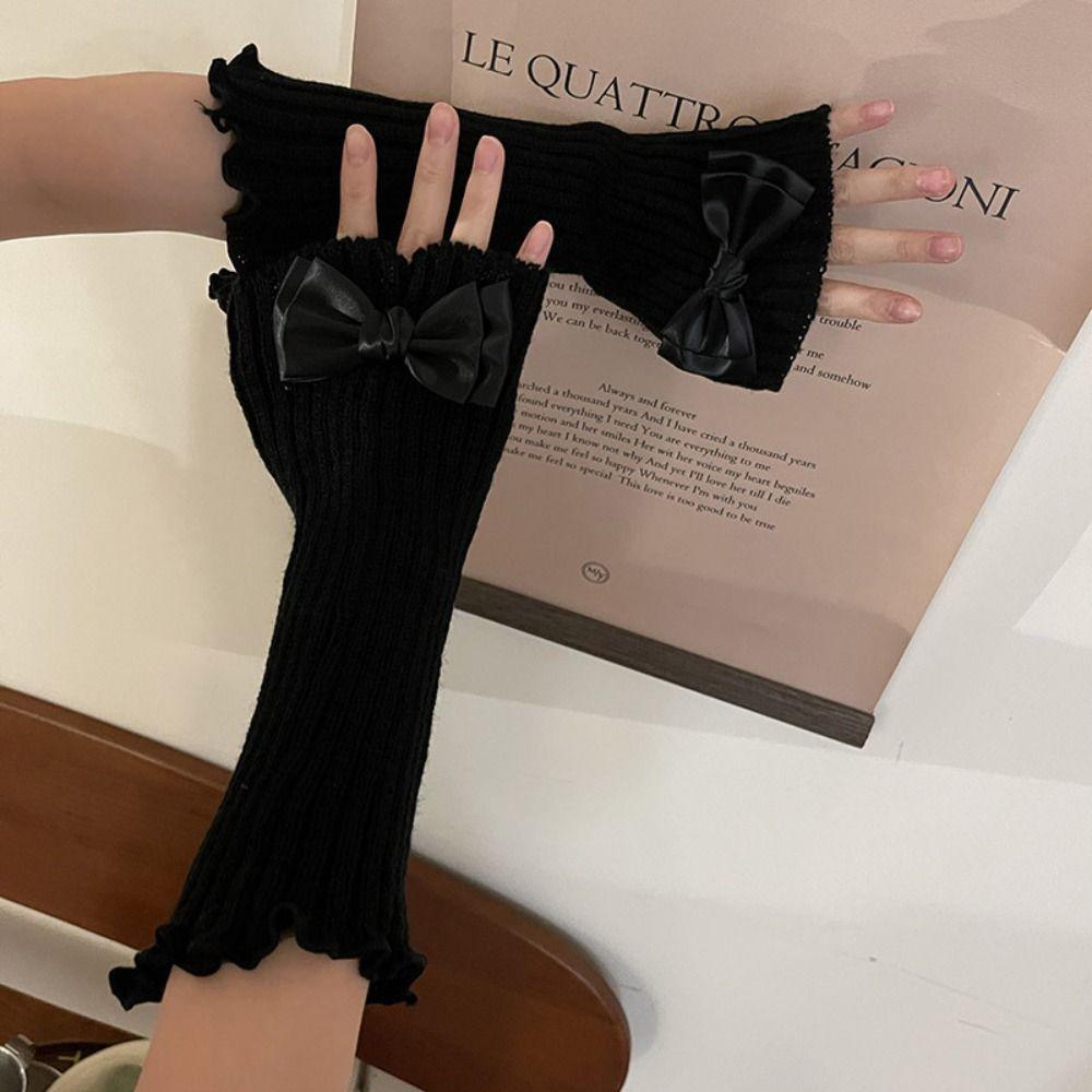 

Y2k Arm Warmers Solid Color Fingerless Gloves Elastic Knitted Bow Gloves Ladies чорний