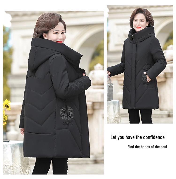 Red Mid-Length Winter Jacket for Middle-Aged and Elderly Women - Thick, Cotton-Padded, Suitable for Spring and Autumn