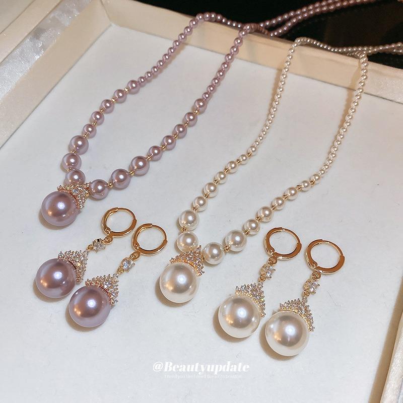 Real gold electroplated round pearl stud earrings necklace set niche earrings fashion temperament earrings light luxury high sense