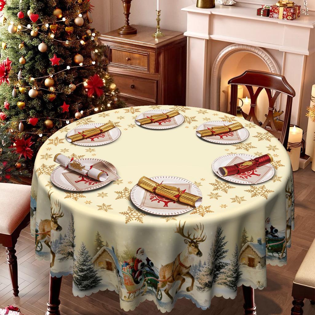 Christmas Theme Rectangle/Round Tablecloth Beige Warm Tone Santa Reindeer Snow Castle, Table Cloth