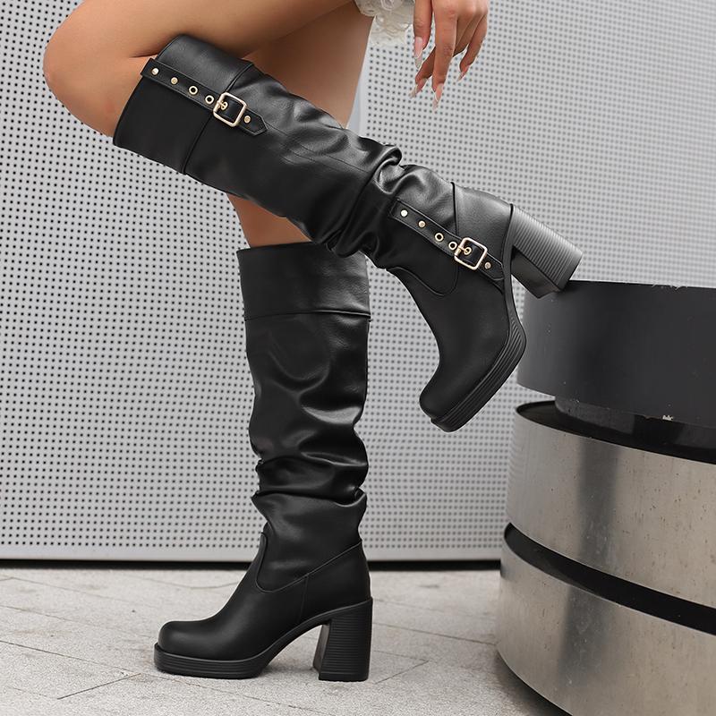 Women's High-heeled Boots Autumn and Winter Thick-heeled Large-size Casual Boots Roman Medium Boots