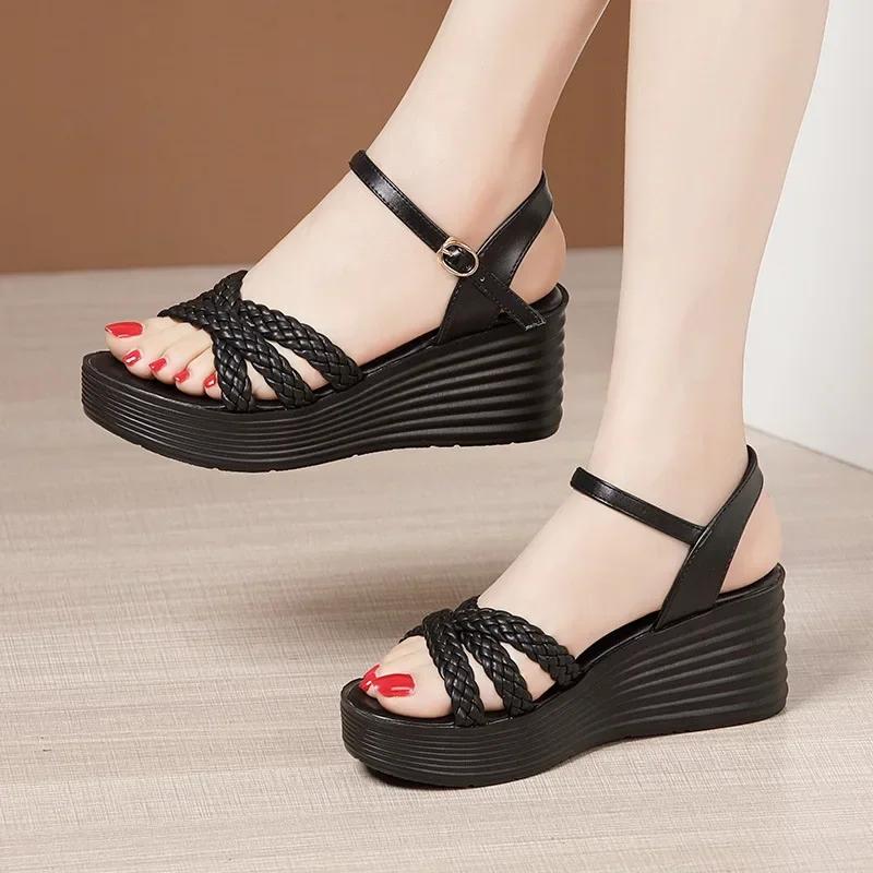 7cm Small Size 33-43 All Match Comfortable Med Heels Wedges Sandals 2025 Summer Women s Knit Platform Shoes for Office Mom Beach 33 5585₽