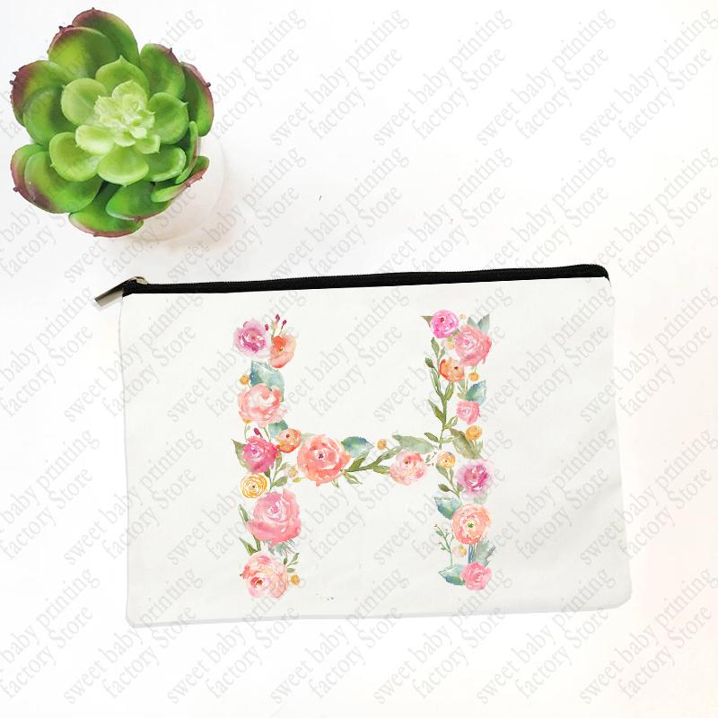 Initials Flower Women White Cosmetic Bag Travel Lipstick Bags Mujer Bolsas Bridesmaid Maid of Honor Makeup Bag Wristlet Clutch