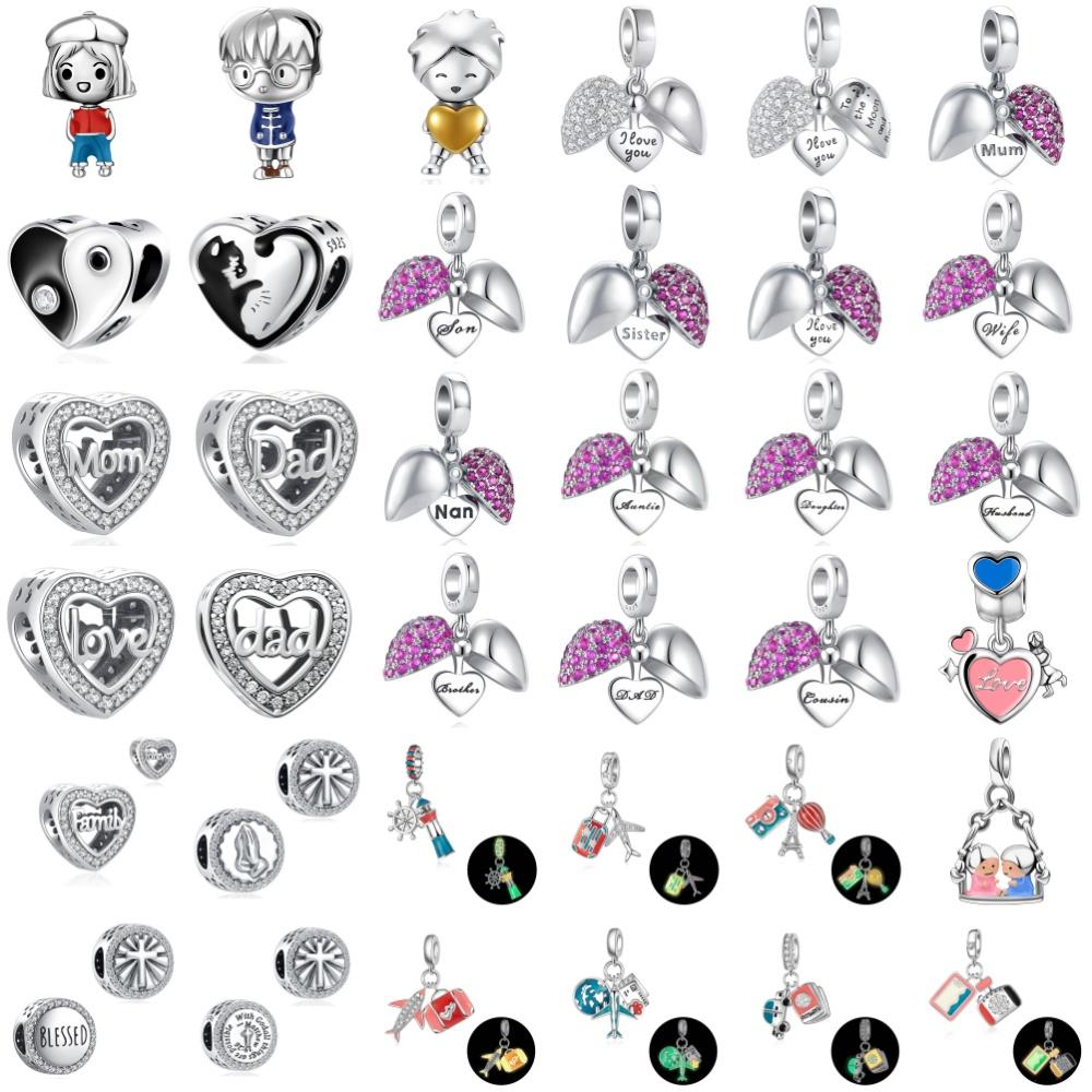 925 Silver,Mom, Dad,Heart-Shaped Bead Pendant Suitable for European Bracelet DIY Exquisite Jewelry