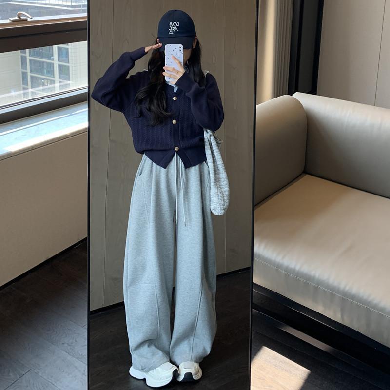 Women's Fleece-Lined Wide-Leg High-Waisted Sports Pants: Slimming, Loose-Fit, Autumn/Winter Casual Sweatpants.