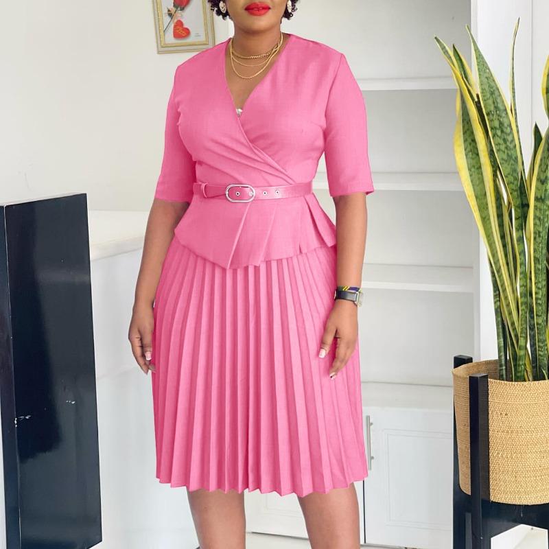 Women's new fashion plus size temperament Tongle V-neck pleated African dress