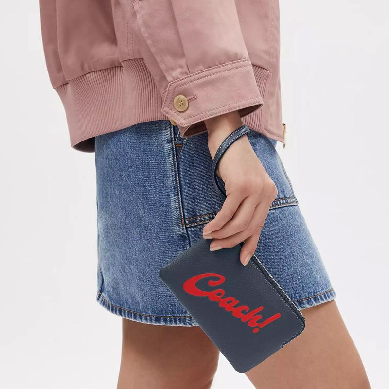 Coach Corner Zip 16 Letter Logo Graphic Top Zip Closure Refined Pebbled Leather Clutch Small Women's Silver Patch Denim