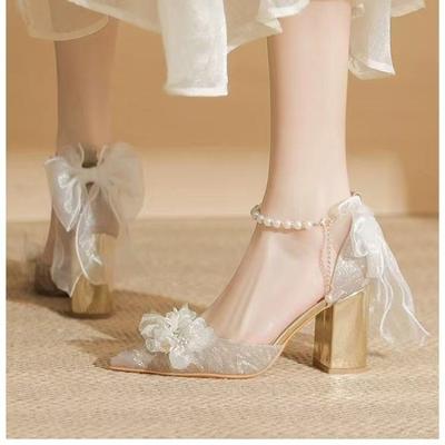 Baotou Chunky Sandals Summer New Pointy Shallow Mouth Sequin Flower Beaded Butterfly Knot Non-slip Wear Heels