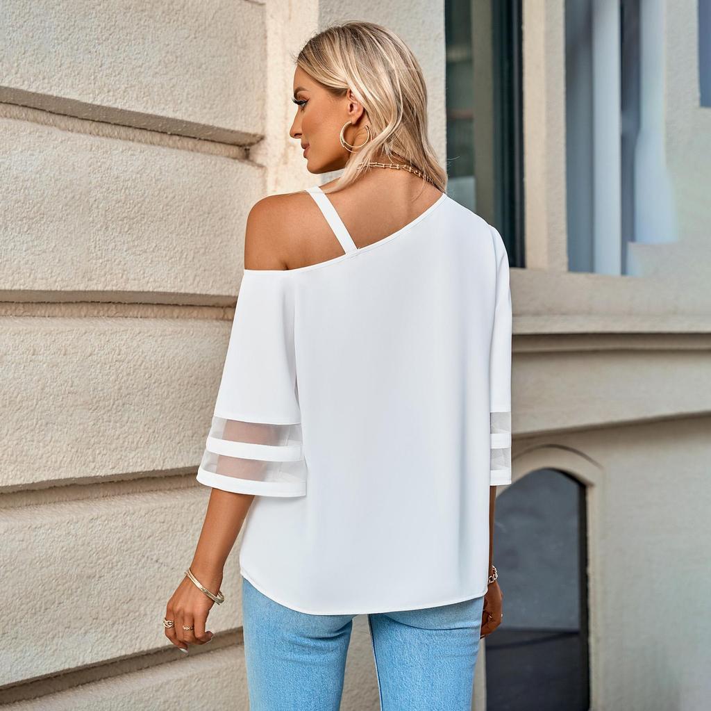 Dámská jarní letní jednobarevná košile s polovičními zvonovými rukávy, volná, s kulatým výstřihem, kovovou přezkou, odhalující jedno rameno, halenky, pulovr top S-XL