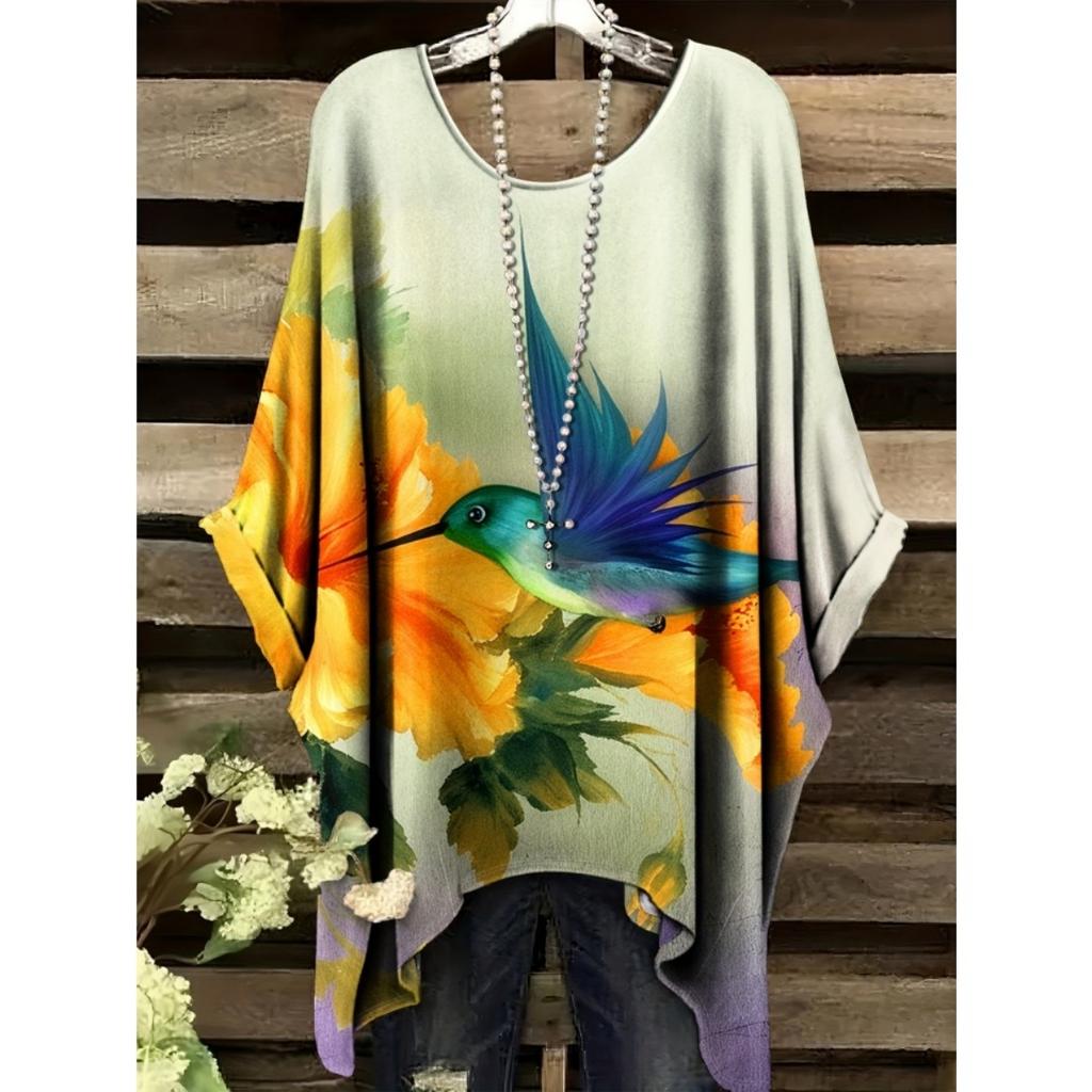Camiseta de Verano para Mujer Estampado de Colibrí y Pavo Real Cuello Redondo Cola Cómoda Manga Corta Oversize Dobladillo Irregular Tops