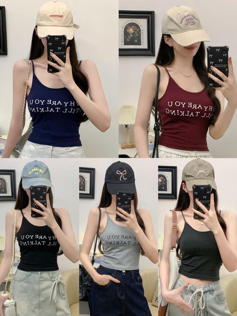 #Summer new underwear women's solid color comfortable printed letter sling vest slim hot girl slim versatile