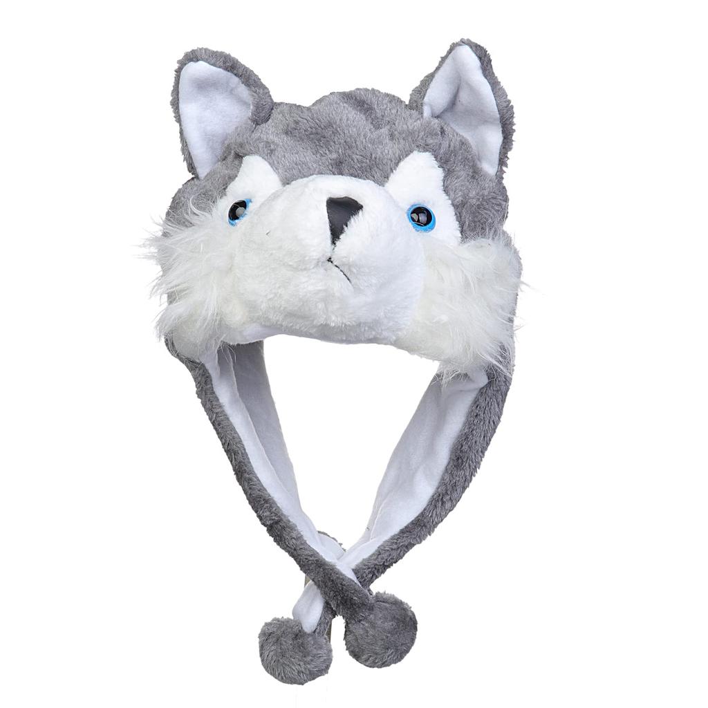 [NazyJnn] Plush Animal Hat for Halloween, Perfect for Kids and Adults, Cute with Ears, Cosplay, Winter Gear, Funny Husky Gift