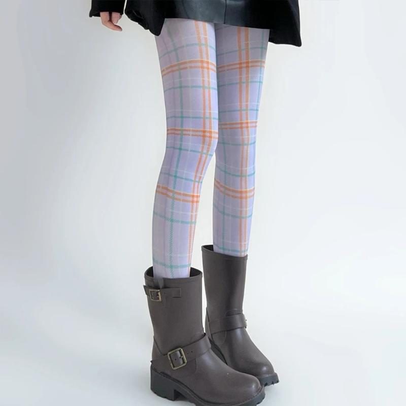 Women Sexy Tights Socks Translucent High Waist Pantyhose Plaids Print Silk Stockings Colourful Plaids Printing Stockings