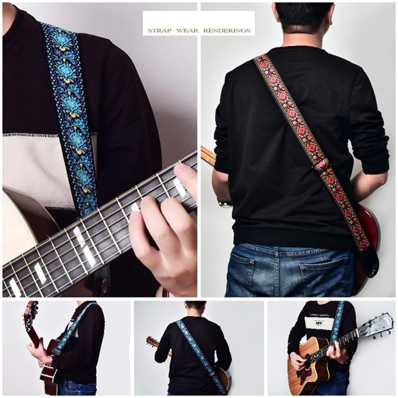 Weaving PU Leather Ends Guitar Strap, Soft Adjustable Comfortable Cotton Acoustic Guitar Strap for Electric Guitar Bass