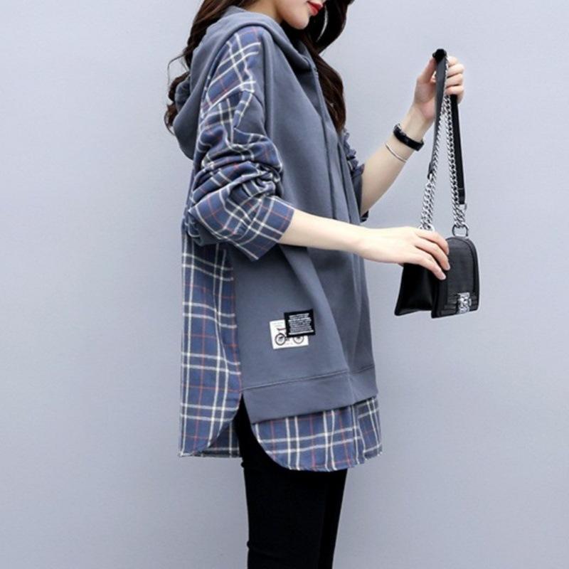 Women's Hooded Long Sleeve Loose Fit Commute Style Plaid Spliced Fake Two Piece Hoodie Pullover Top