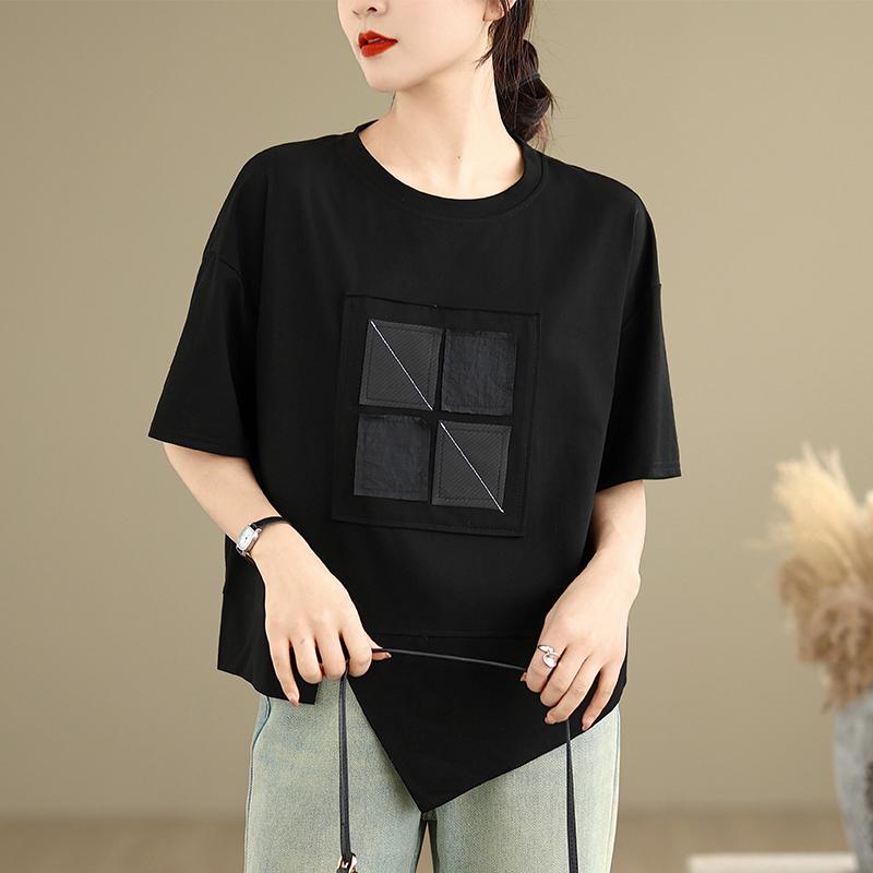 

DIMANAF 2025 Summer T-Shirt Plus Size Women Casual Asymmetrical Solid Short Sleeve Loose Tops One Size чёрный