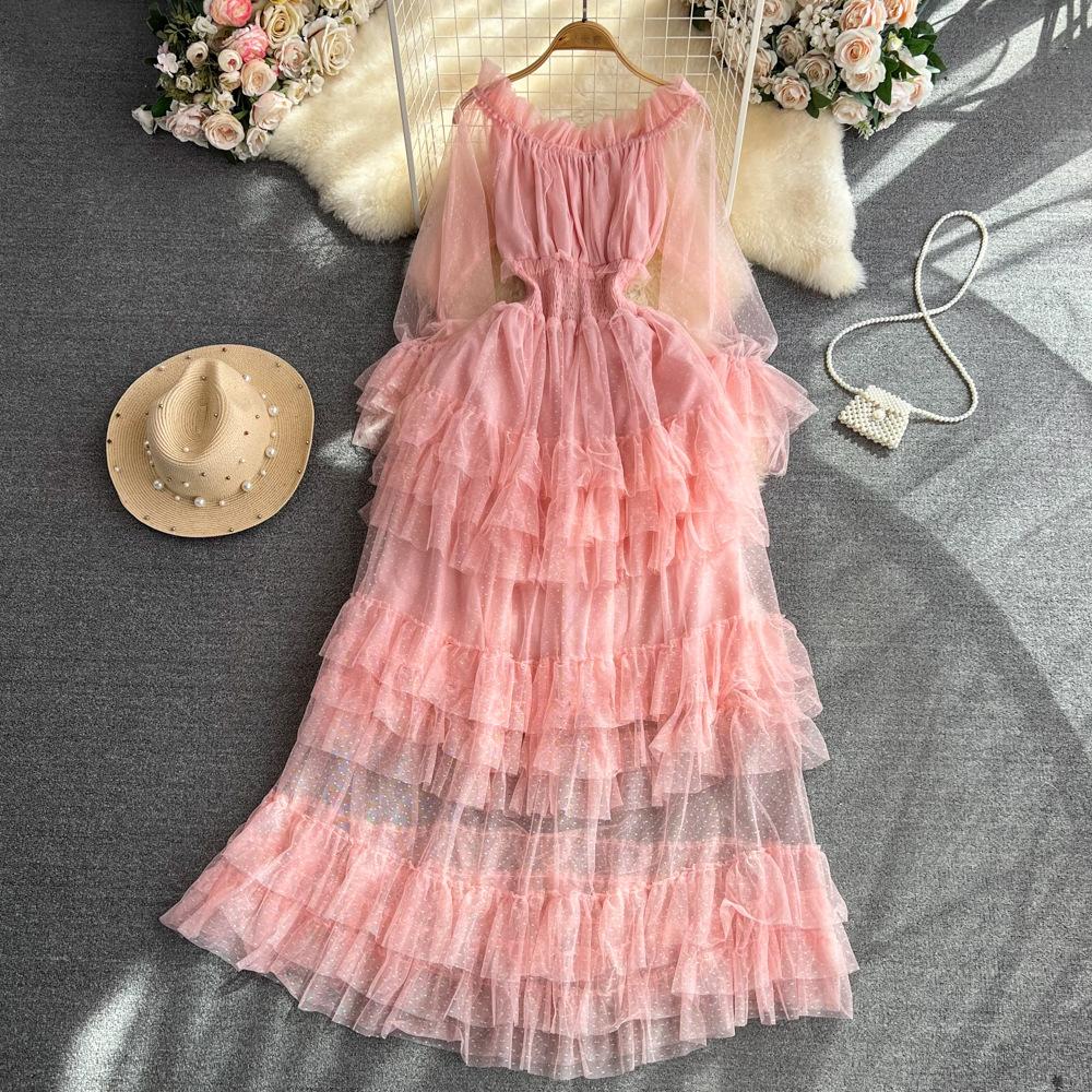 High Street Cake Mesh Party Dress Women Off the Shoulder Tierred Elastic Sundress Polka Dot Lace Maxi Dress