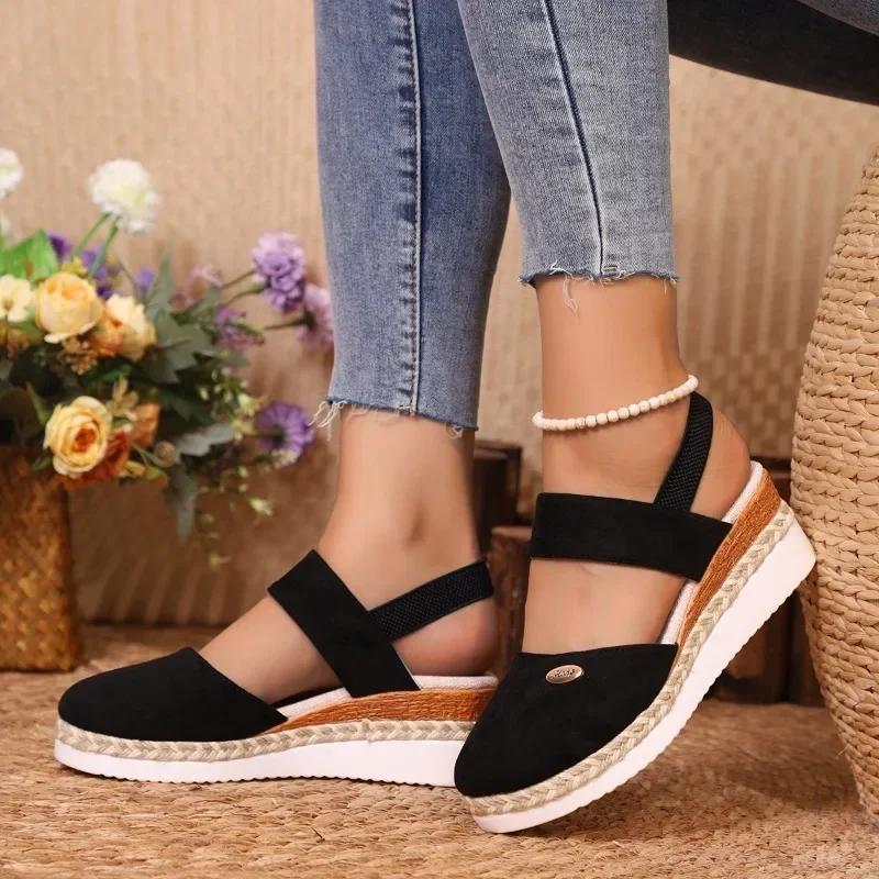 Fashion Summer Women Linen Plain 6cm Wedge Sandals Handmade Ladies Casual Comfortable Womens Shoes 36-43