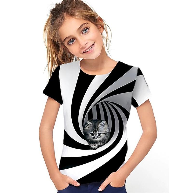 

Girls 3D Animal Cat T shirt Short Sleeve 3D Print Summer Spring Active Fashion Cute Kids 3-12 Years 100