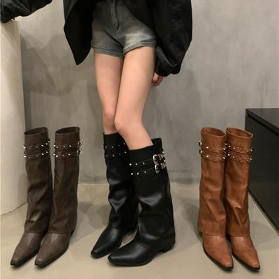 Fashion Retro Western Cowboy High Tube Boots Women's Pointed Toe Knight Long Boots Fashionable Streetwear Autumn Winter Long Botas Shoes