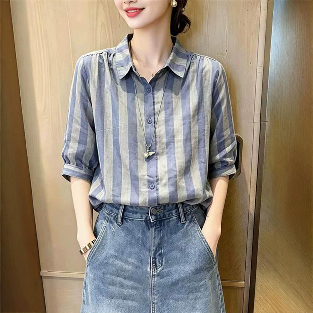 Striped Contrasting Color Lapel Mid-sleeved Shirt Women's Summer New Fashion and Thin Age-reducing Commuter Top A
