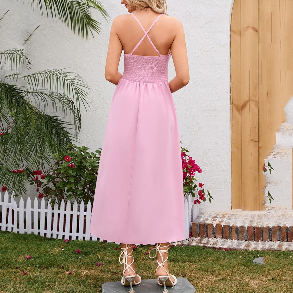 Ladies' Color Sleeveless Casual Vacation Travel Suspender Hollow Dress