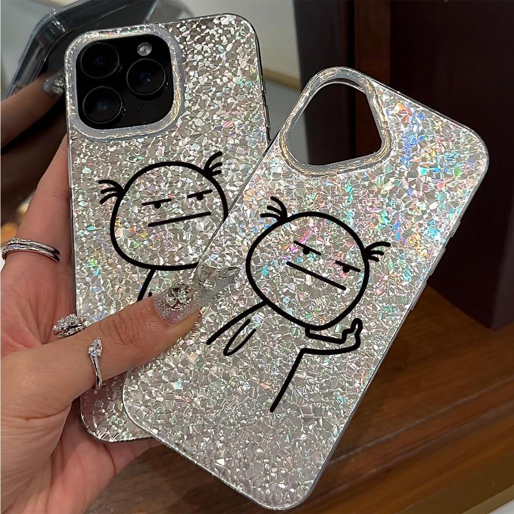 Case for iphone 17 Pro 13 14 XS Max 18 Pro Max 12 15 16 Plus 11 XR Air Silver Glitter Crackle Background Black Line Figure Flipping Off