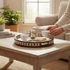 Wooden Inlay Decorative Tray  Round Floral Pattern Serving Tray | Bone Inlay Style | Boho Coffee Table Tray | Kitchen Bone Decor Tray