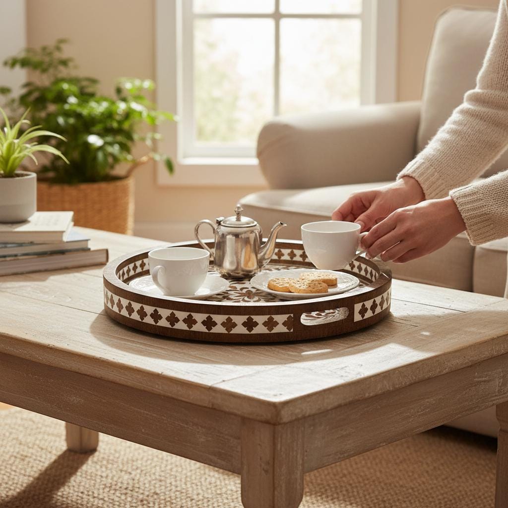 Wooden Inlay Decorative Tray  Round Floral Pattern Serving Tray | Bone Inlay Style | Boho Coffee Table Tray | Kitchen Bone Decor Tray