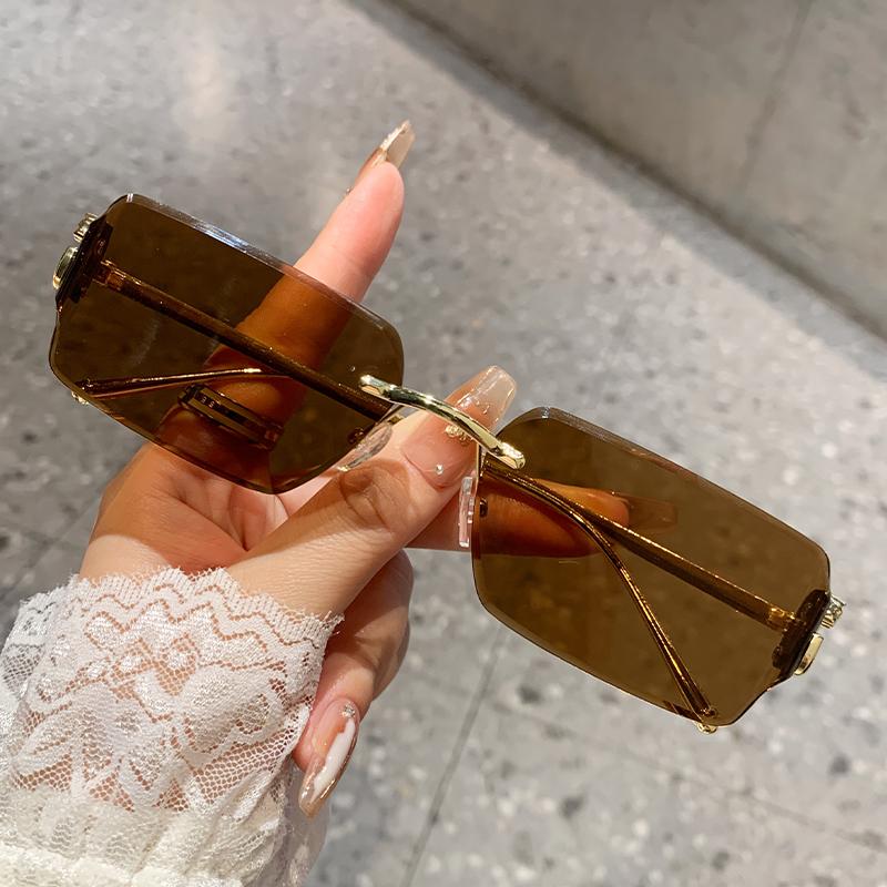 Frameless Square Sunglasses For Women Men's New Narrow Frame Sunglasses Retro Leopard Head Metal Sunscreen 90282