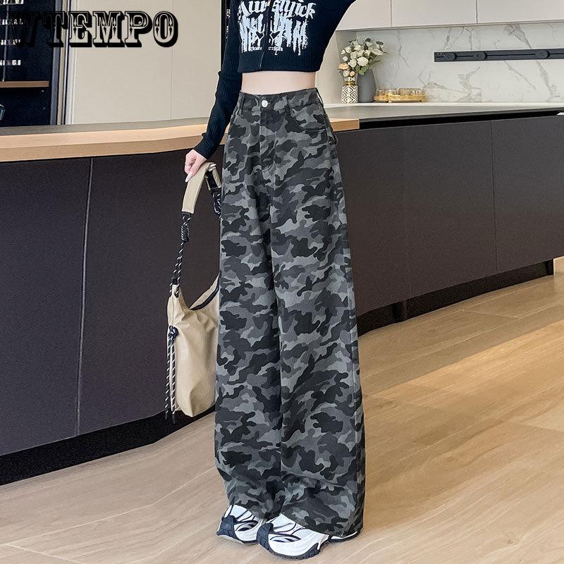 Camouflage Weitbeinige Hosen für Damen Frühling und Herbst Jeans High Waist Freizeithosen