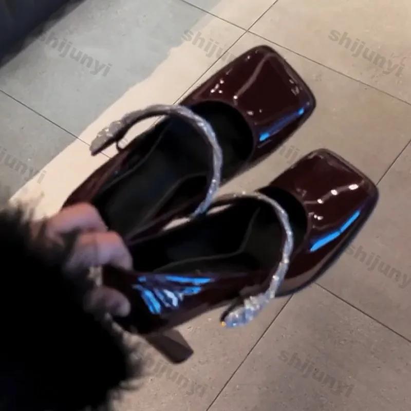 Fashion Women Sexy High Heeled Mules Elegant Thin Heels Party Shoes Woman Rhinestone Pumps Ladies Square Head Pu Leather Single Shoes