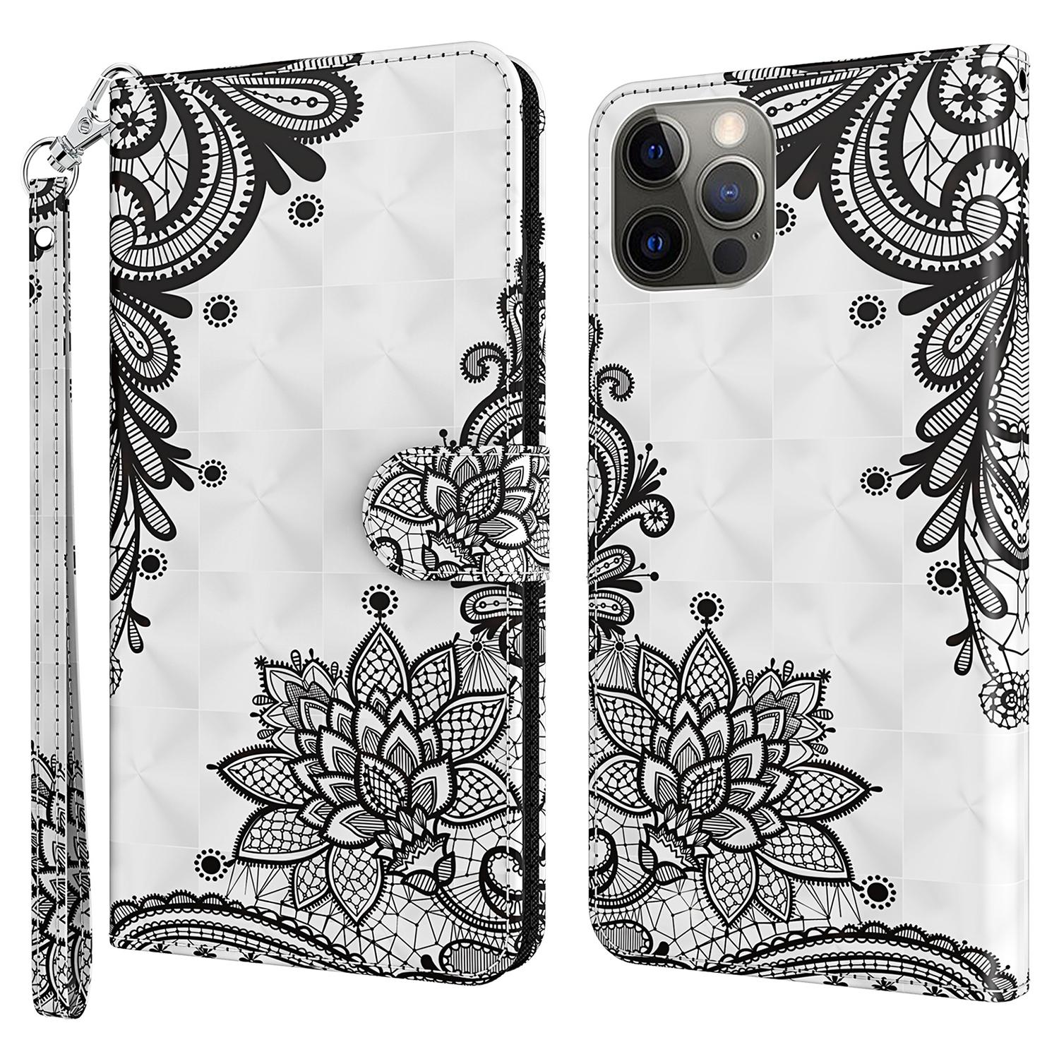 

PU Leather Flip Cover for iPhone 15 Pro Max,Wallet Stand 3D Pattern Printing Phone Case with Strap Lace Flower