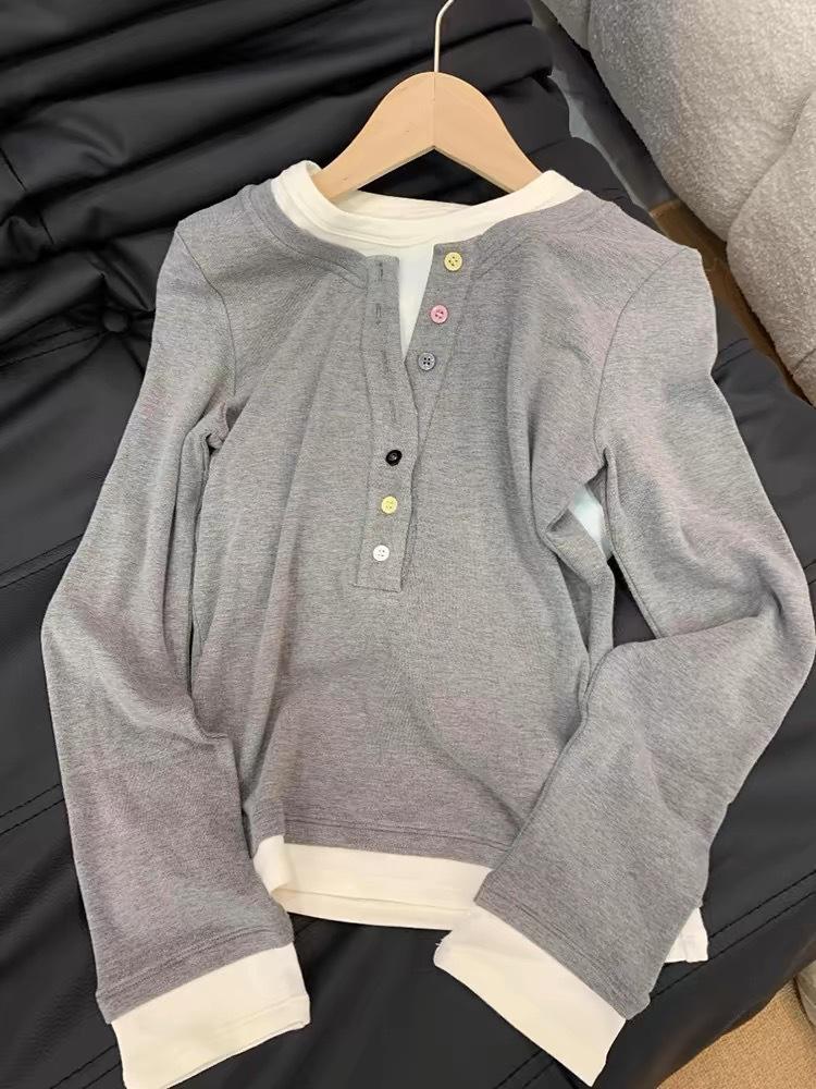 Plus Size V-Neck Long Sleeve Layered T-Shirt - Slimming, Colorful, Buttoned Top for Women