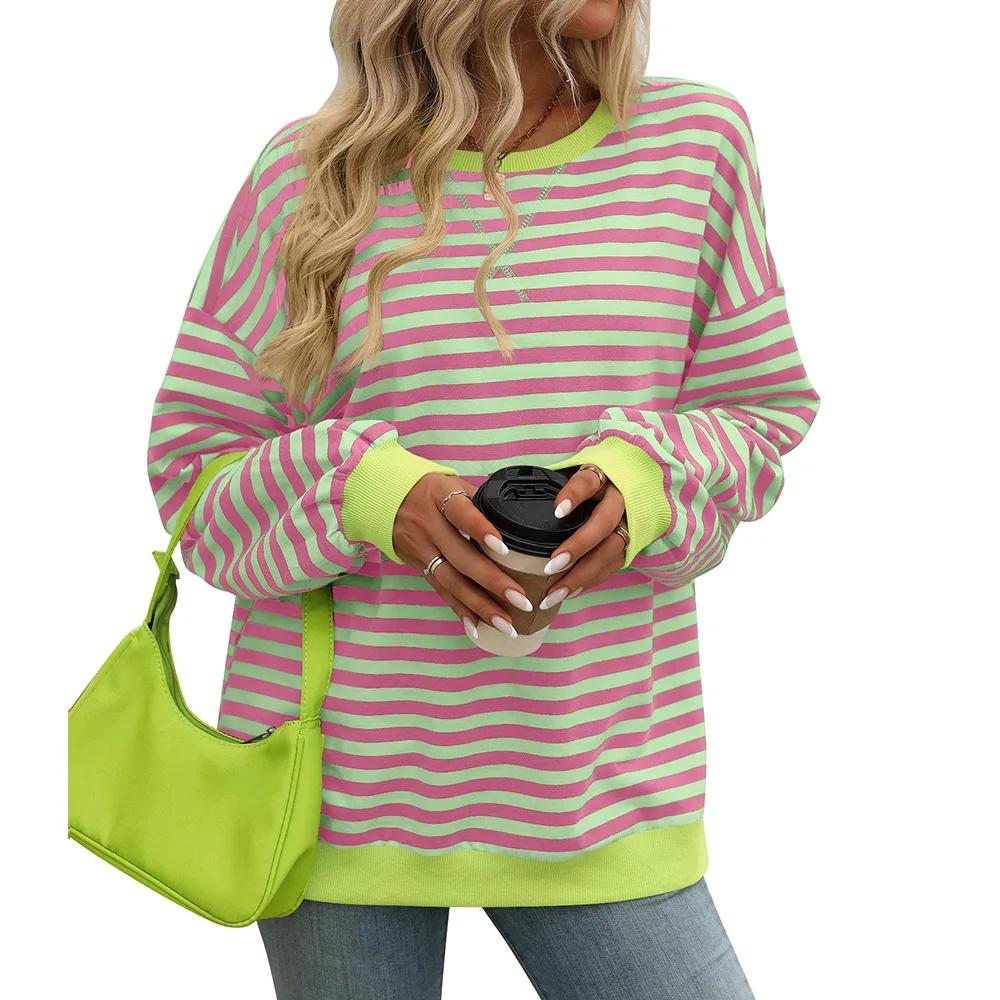 Loose Contrasting Color Drop-sleeved Sweatshirt for Women New Autumn and Winter Colorful Striped Round Neck