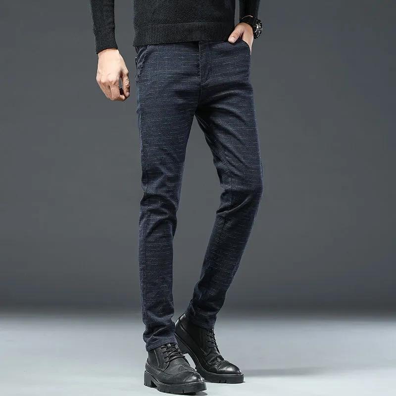 Pánské ležérní bavlněné plátěné kalhoty business kostkované kalhoty rovné tenké dlouhé kalhoty kancelářské kalhoty na jaro a podzim