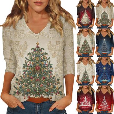 Women's Casual Fashionable Sexy Comfortable V-Neck Christmas Three-Quarter Sleeve Top