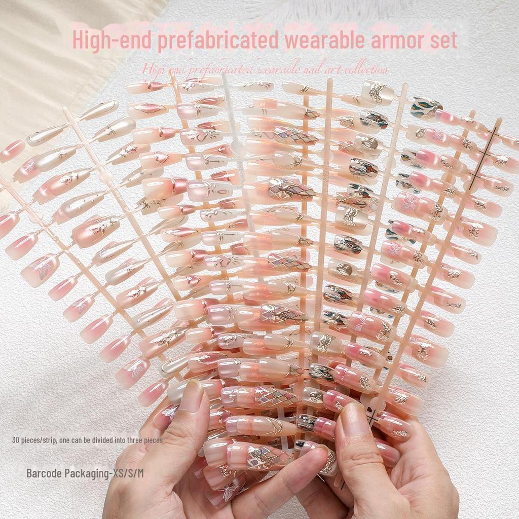 Nail Art Gilded Cat's Eye Blush Tips - 30-Piece Set, Handmade & Ready-to-Wear In XS/S/M