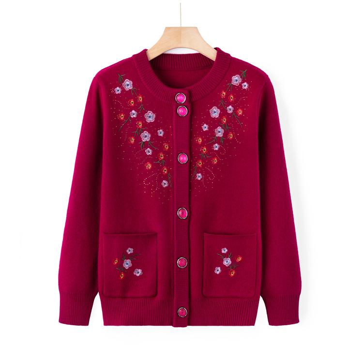 

Middle-aged and Elderly Knitted Sweater Autumn Clothes Female Mother Wear Embroidered Sweater Cardigan Grandma Autumn Coat Large Size Elderly Clothes L
