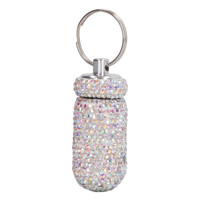 Rhinestone İlaç Şişesi Kabı Alüminyum Alaşım Taşınabilir Kapsül Saklama Kutusu Anahtarlık ile