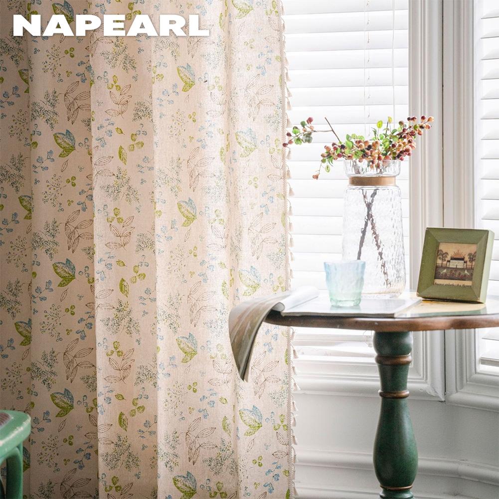 1 stk NAPEARL Bomull og Lin Trykte Beige Dusker Halvmørkleggende Gardiner for Små Vinduer Balkong Hjemmedekor